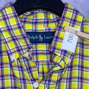 Ralph Lauren Mens Medium Yellow Pink Blue Plaid Button Down Cotton Shirt L/S
